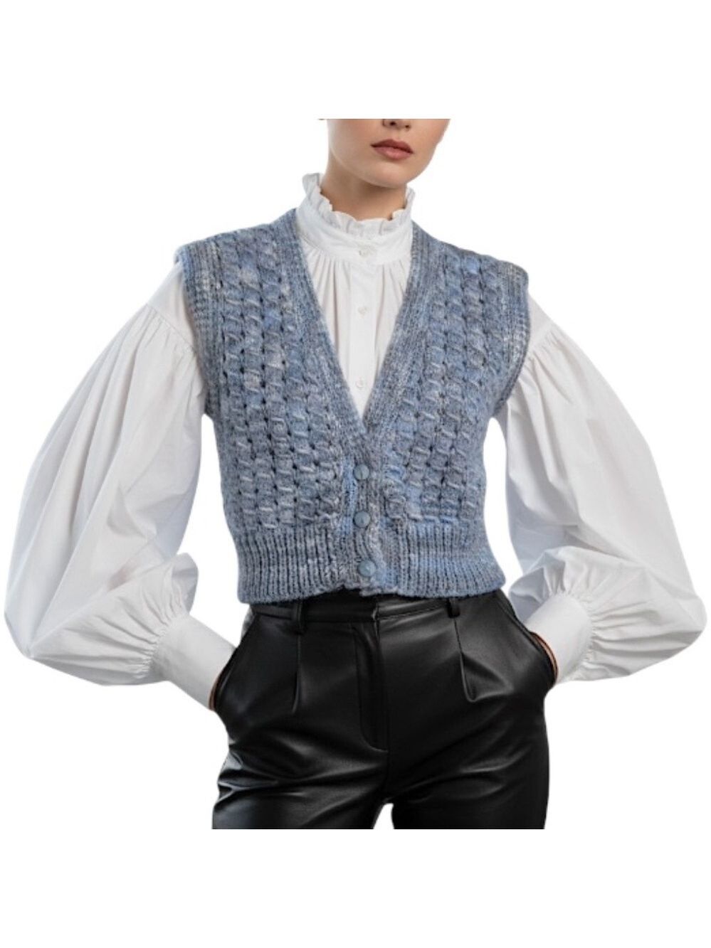 Retro cropped hand knit grey blue melange old money sweater vest - Picture 1 of 13